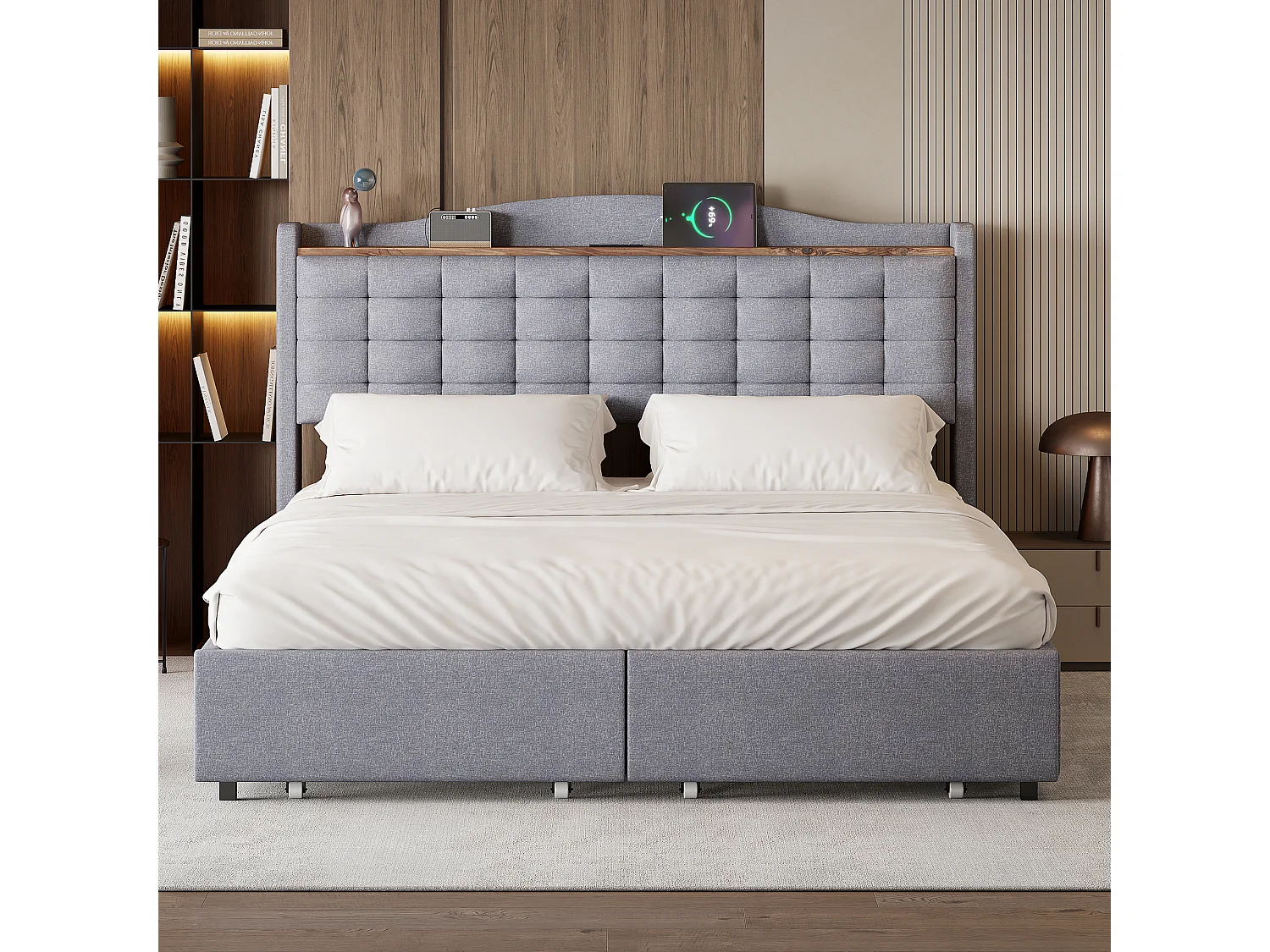 Lit adulte 160x200 cm - Cadre de lit avec chargement USB et 4 tiroirs - lin gris clair - sans matelas