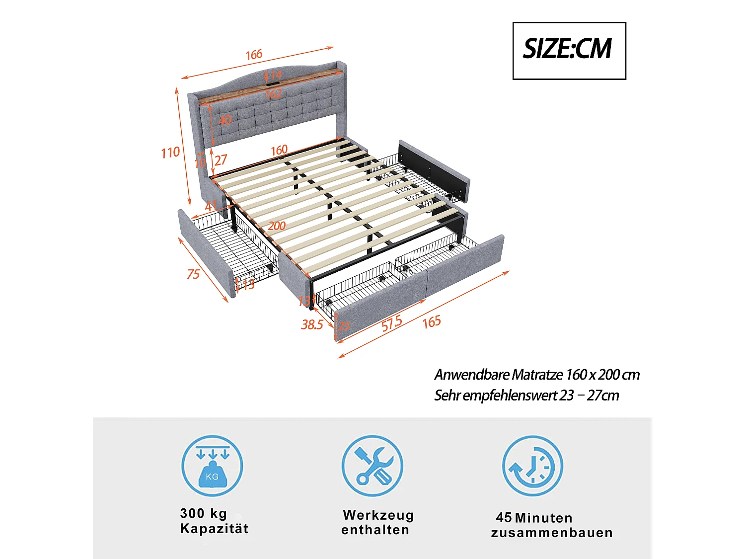 Lit adulte 160x200 cm - Cadre de lit avec chargement USB et 4 tiroirs - lin gris clair - sans matelas