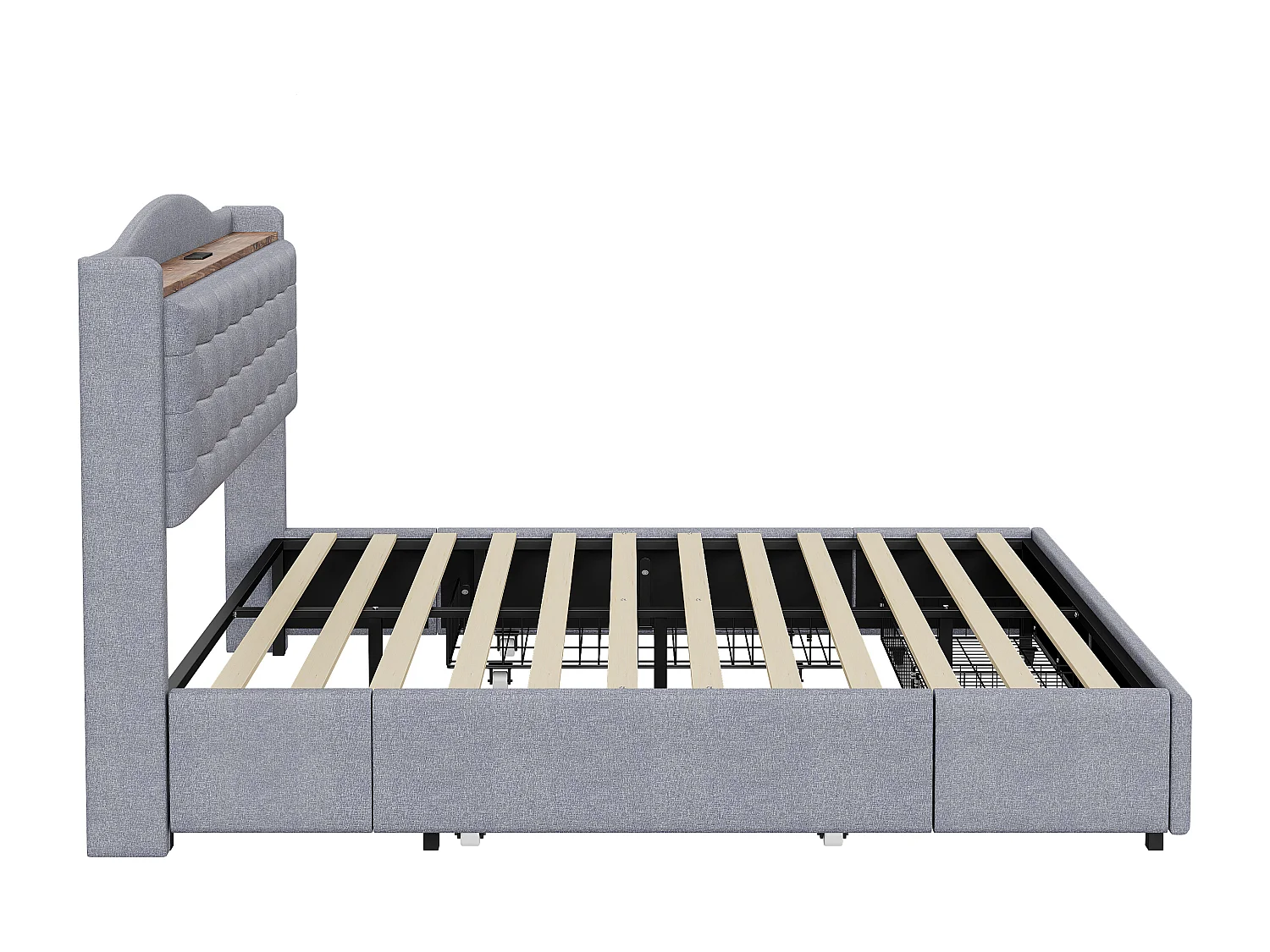 Lit adulte 160x200 cm - Cadre de lit avec chargement USB et 4 tiroirs - lin gris clair - sans matelas