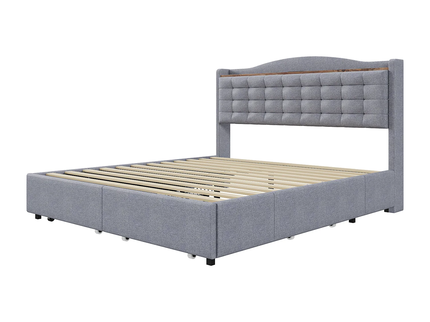 Lit adulte 160x200 cm - Cadre de lit avec chargement USB et 4 tiroirs - lin gris clair - sans matelas