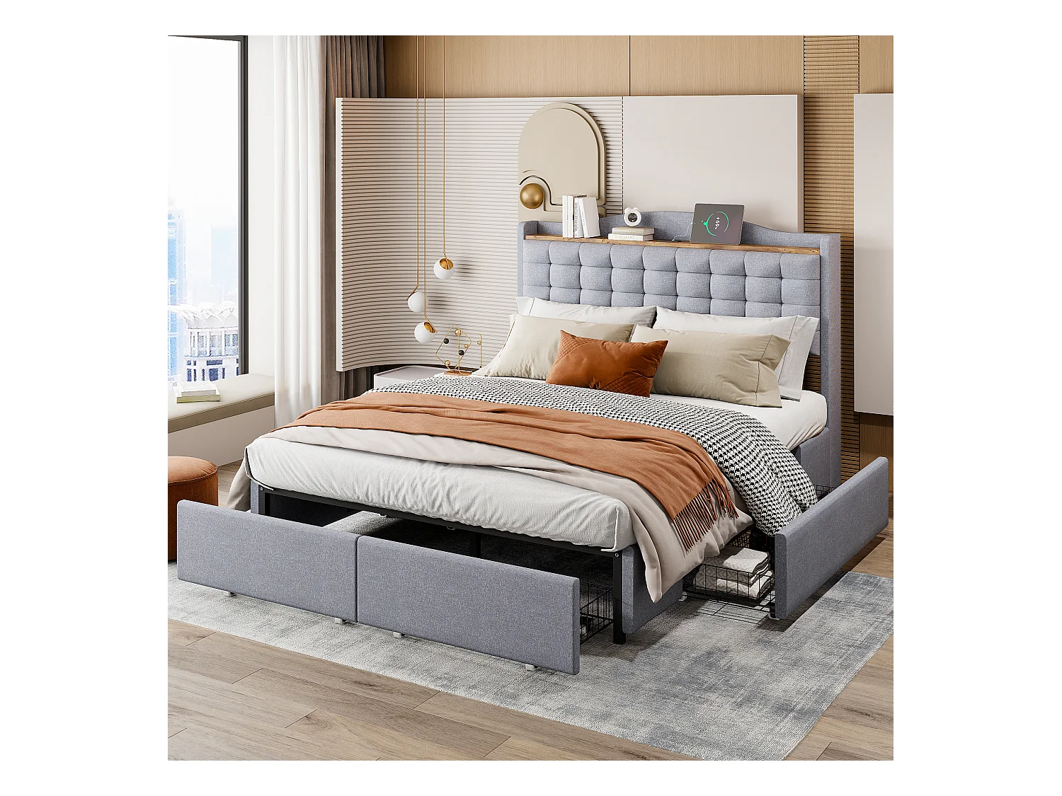 Lit adulte 140x200 cm - Cadre de lit avec chargement USB et 4 tiroirs - lin gris clair - sans matelas