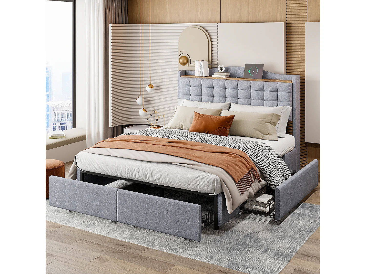 Lit adulte 140x200 cm - Cadre de lit avec chargement USB et 4 tiroirs - lin gris clair - sans matelas