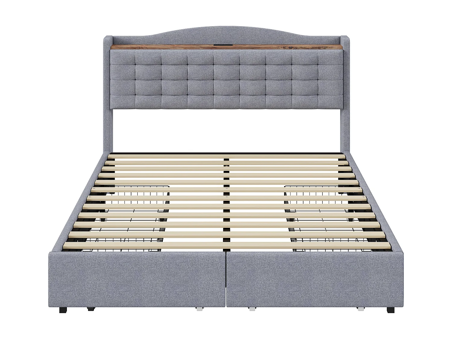 Lit adulte 140x200 cm - Cadre de lit avec chargement USB et 4 tiroirs - lin gris clair - sans matelas