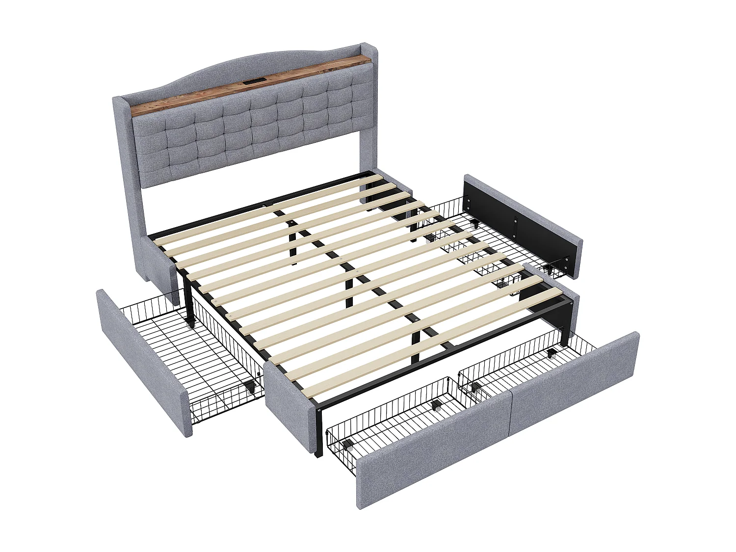 Lit adulte 140x200 cm - Cadre de lit avec chargement USB et 4 tiroirs - lin gris clair - sans matelas