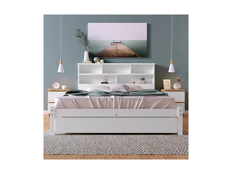 Łóżko dla dorosłych 140x200 cm - Łóżko podwójne z szufladami i stelażem - z otwartą przestrzenią do przechowywania - białe