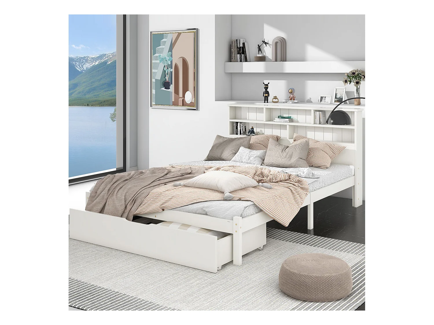 Łóżko dla dorosłych 140x200 cm - Łóżko podwójne z szufladami i stelażem - z otwartą przestrzenią do przechowywania - białe