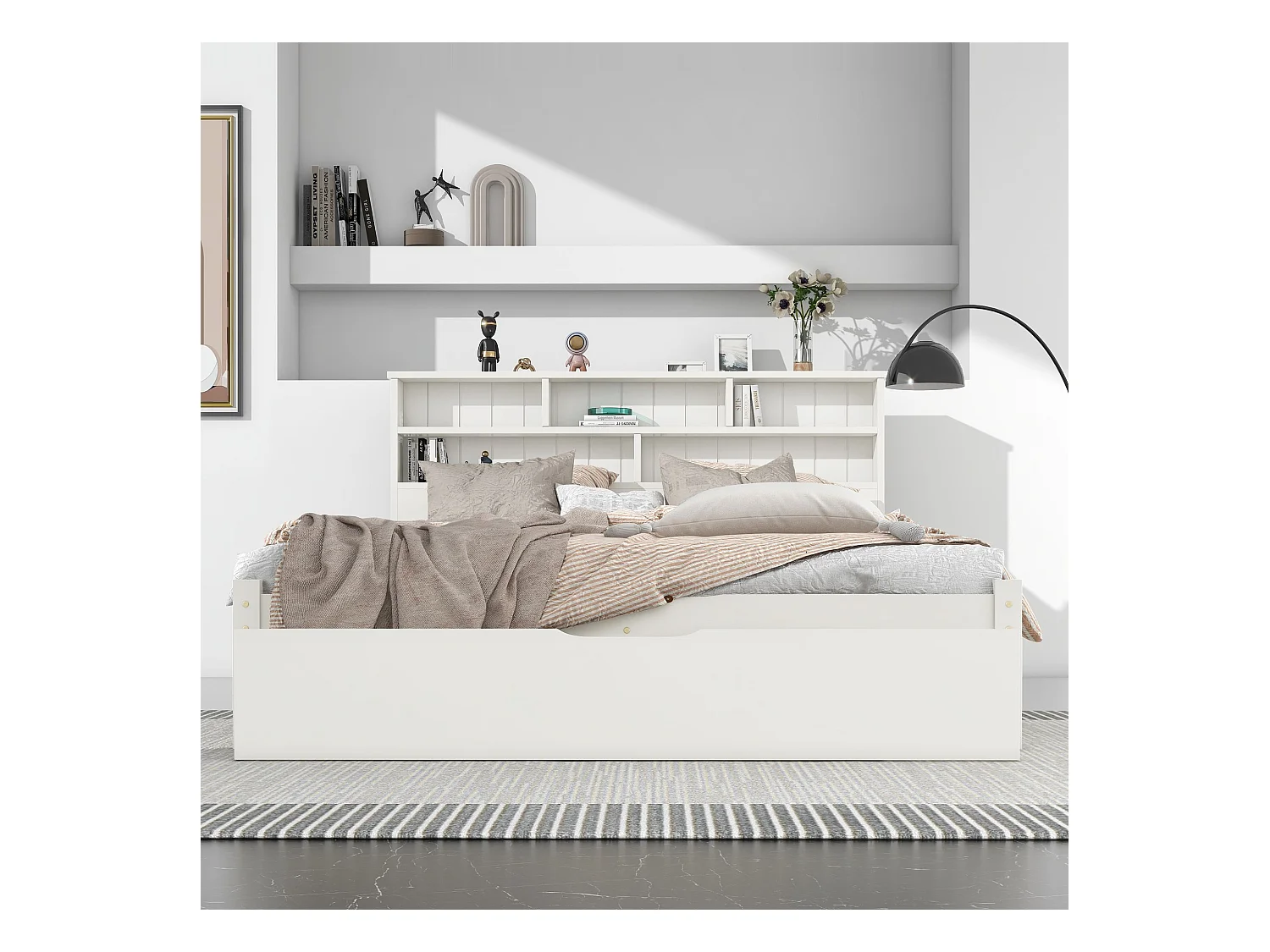 Łóżko dla dorosłych 140x200 cm - Łóżko podwójne z szufladami i stelażem - z otwartą przestrzenią do przechowywania - białe