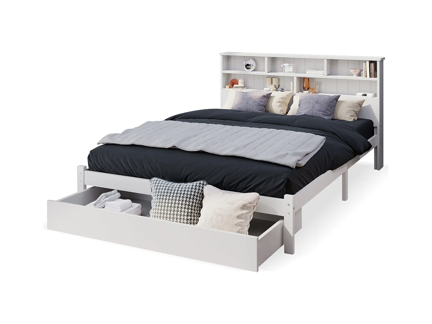 Łóżko dla dorosłych 140x200 cm - Łóżko podwójne z szufladami i stelażem - z otwartą przestrzenią do przechowywania - białe