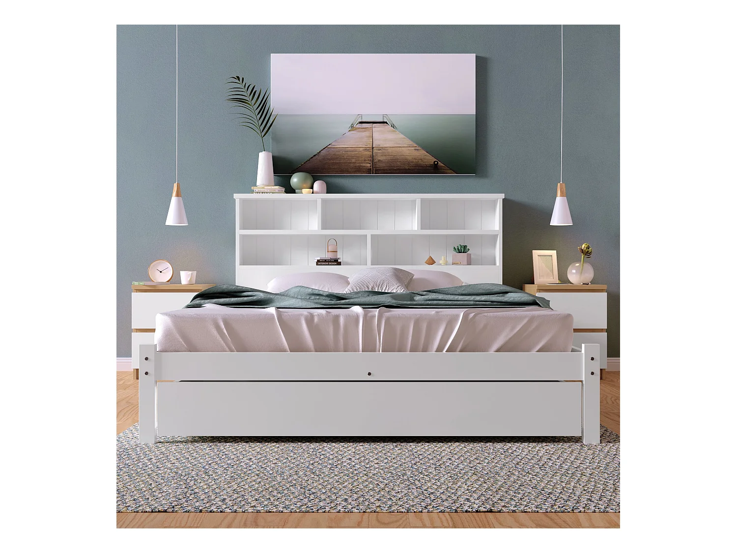 Lit adulte 140x200 cm - Lit double avec tiroirs et sommier à lattes - rangements ouverts - blanc