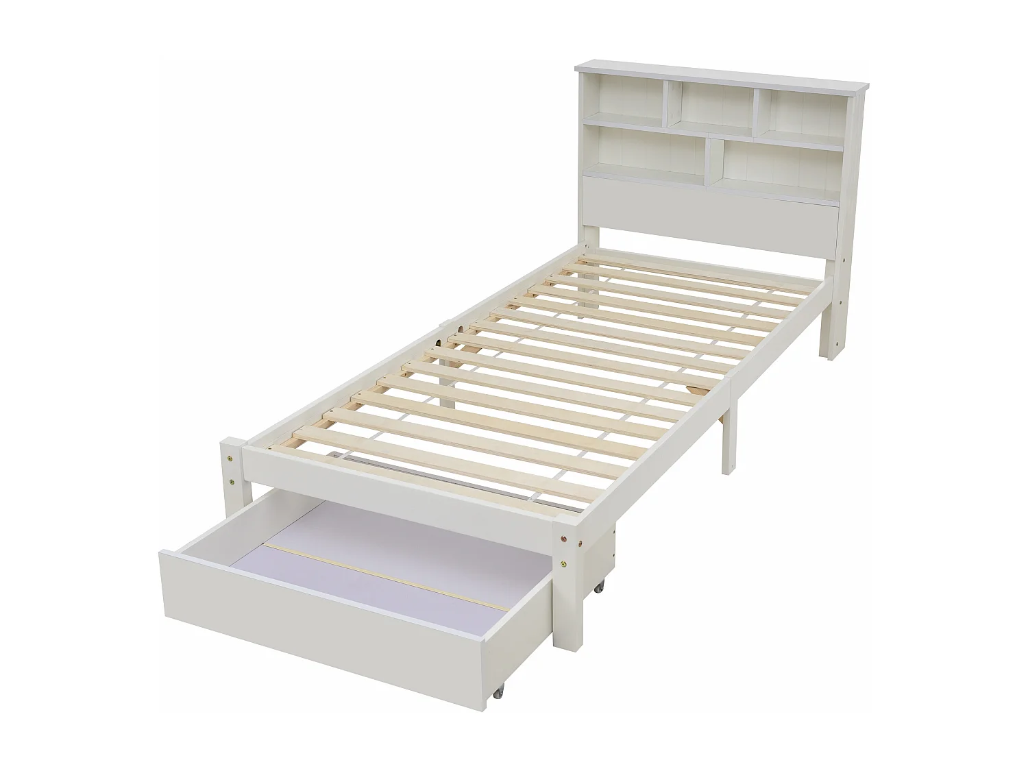 Cama individual 90x200 cm - Cama de criança com gavetas e estrado de ripas - com armário aberto - branca