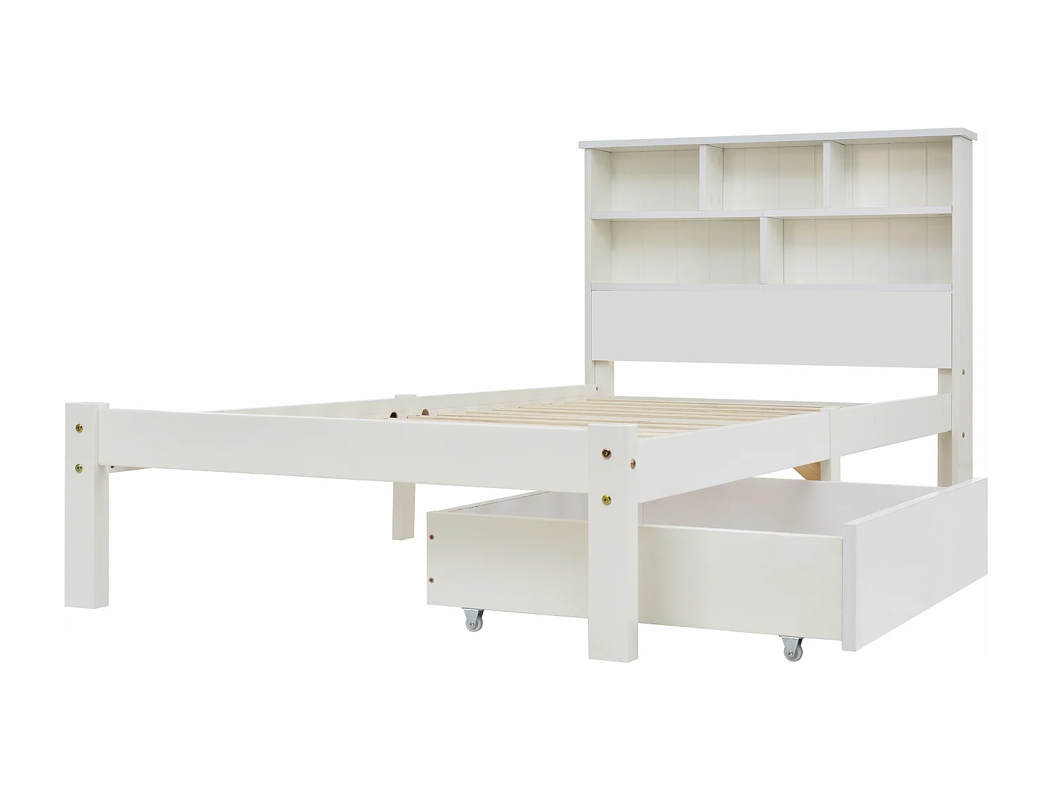 Cama individual 90x200 cm - Cama de criança com gavetas e estrado de ripas - com armário aberto - branca