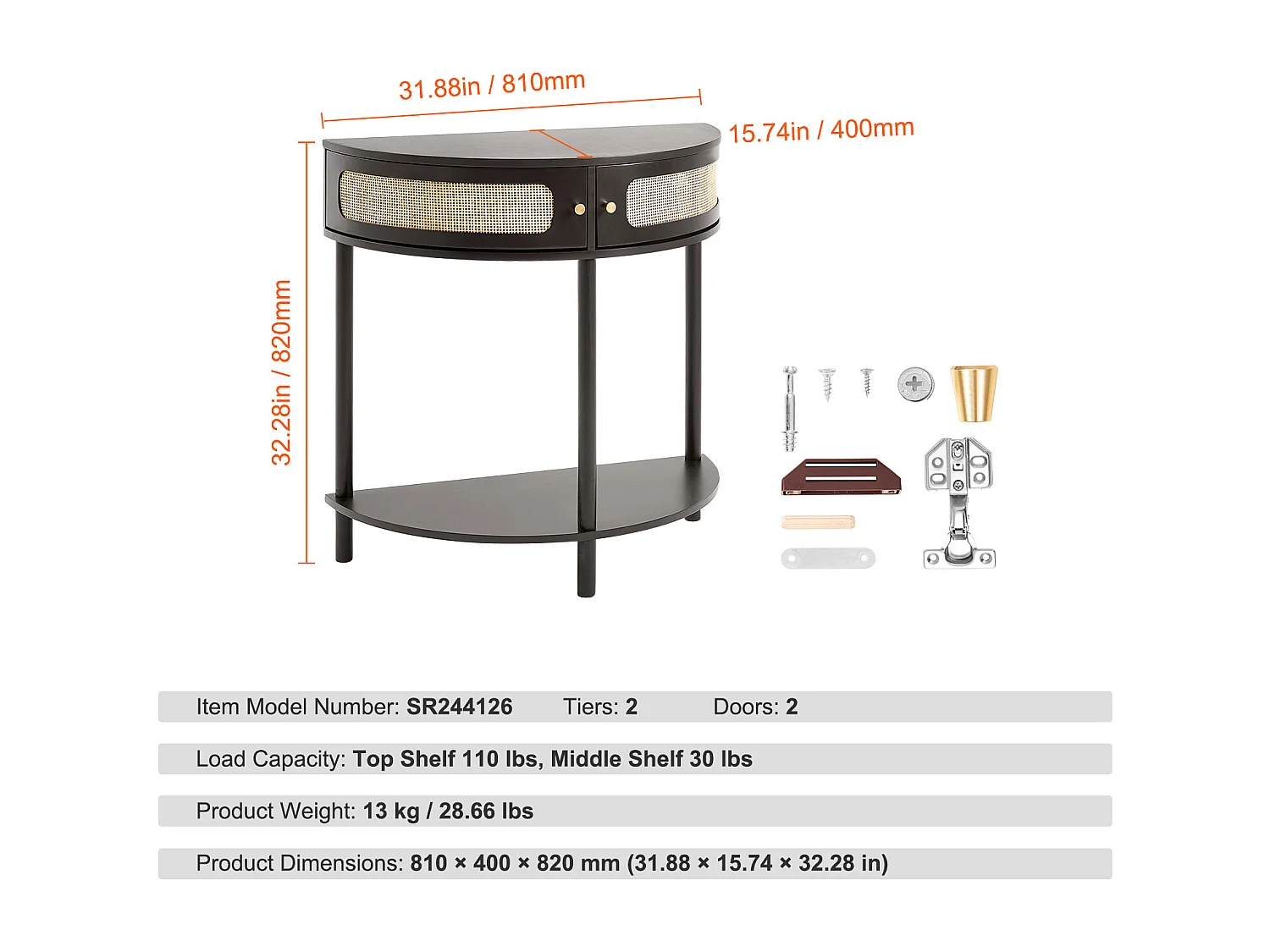 Konsolentisch SucceBuy aus Rattan Halbmond mit 2 Schubladen und Schiebetür, Schwarz, Verleiht Ihrem Dekor einen Eleganten Touch