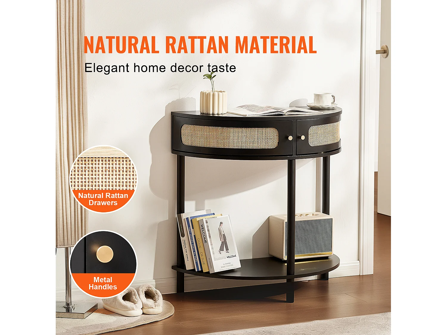 Konsolentisch SucceBuy aus Rattan Halbmond mit 2 Schubladen und Schiebetür, Schwarz, Verleiht Ihrem Dekor einen Eleganten Touch