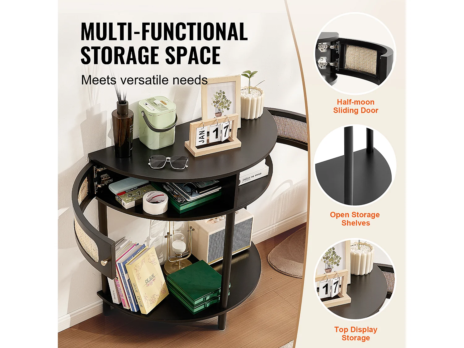 Konsolentisch SucceBuy aus Rattan Halbmond mit 2 Schubladen und Schiebetür, Schwarz, Verleiht Ihrem Dekor einen Eleganten Touch