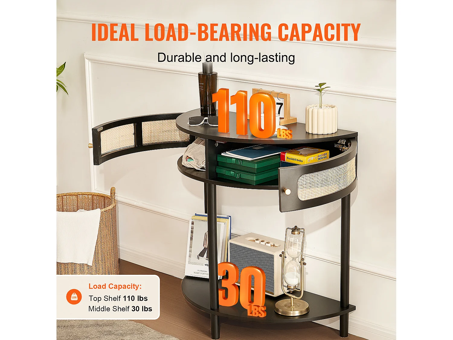 Konsolentisch SucceBuy aus Rattan Halbmond mit 2 Schubladen und Schiebetür, Schwarz, Verleiht Ihrem Dekor einen Eleganten Touch