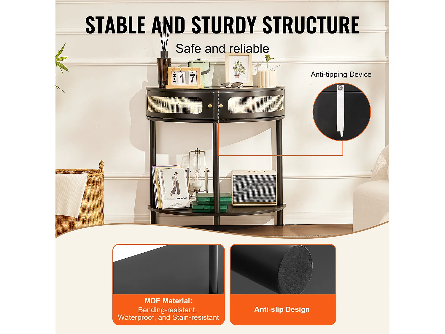 Konsolentisch SucceBuy aus Rattan Halbmond mit 2 Schubladen und Schiebetür, Schwarz, Verleiht Ihrem Dekor einen Eleganten Touch