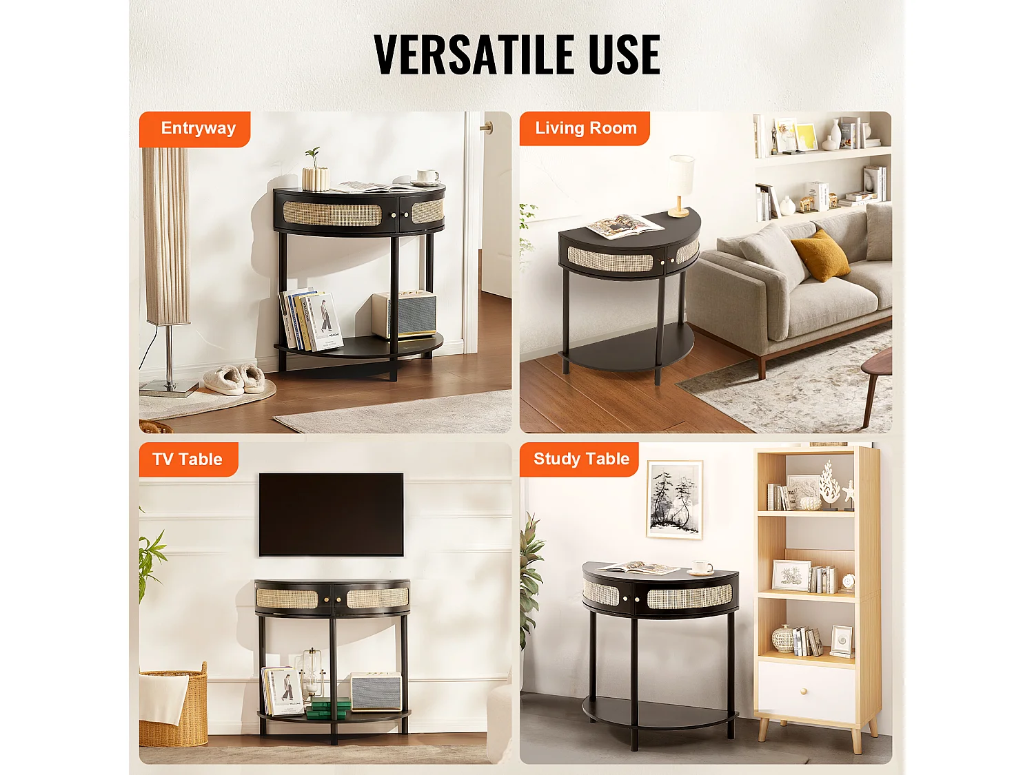 Konsolentisch SucceBuy aus Rattan Halbmond mit 2 Schubladen und Schiebetür, Schwarz, Verleiht Ihrem Dekor einen Eleganten Touch