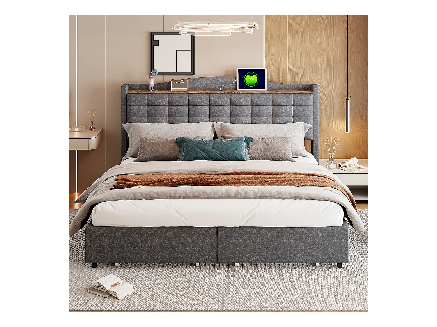 Lit adulte 160x200 cm - Cadre de lit avec chargement USB et 4 tiroirs - lin gris - sans matelas
