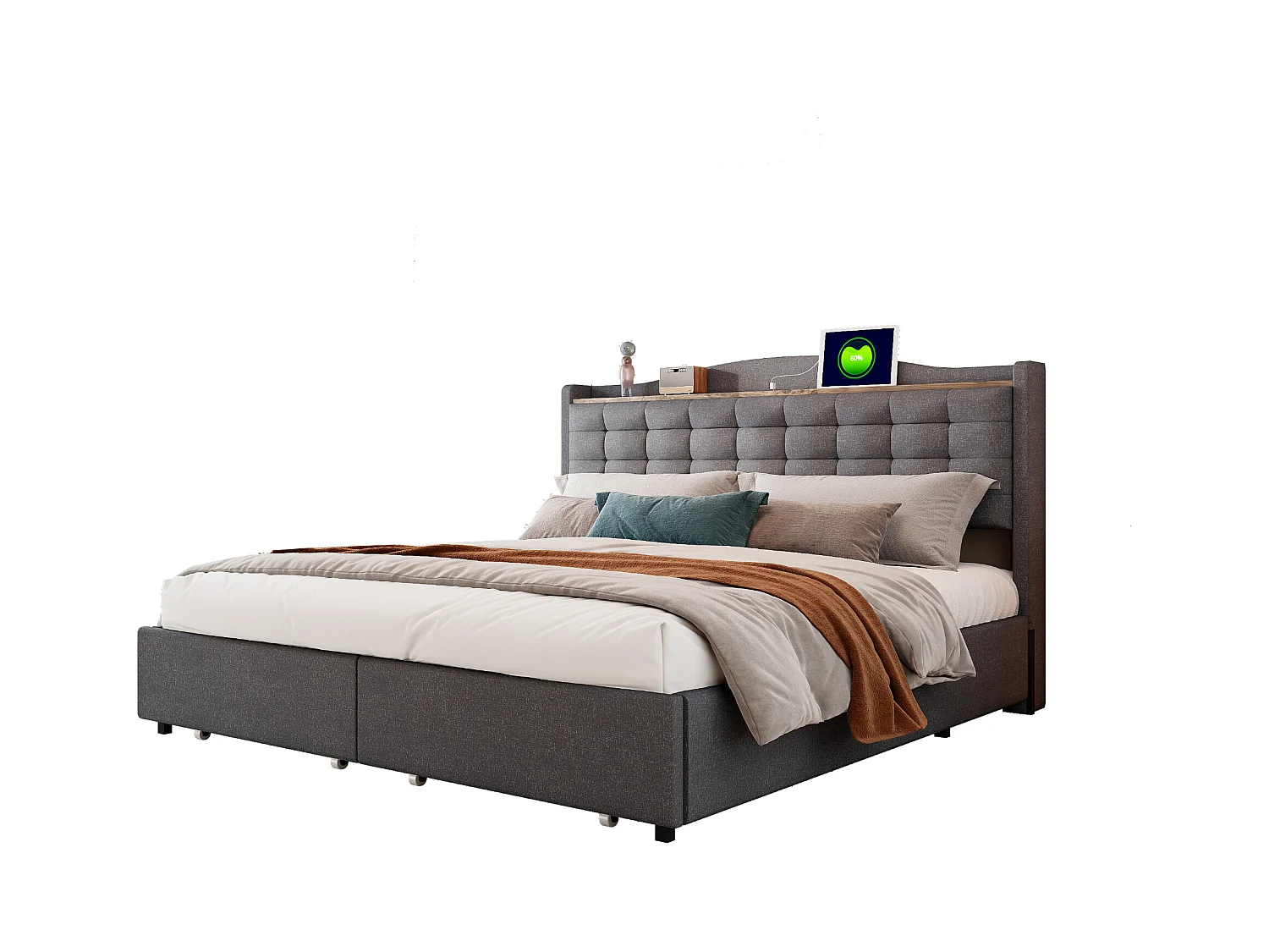 Lit adulte 160x200 cm - Cadre de lit avec chargement USB et 4 tiroirs - lin gris - sans matelas