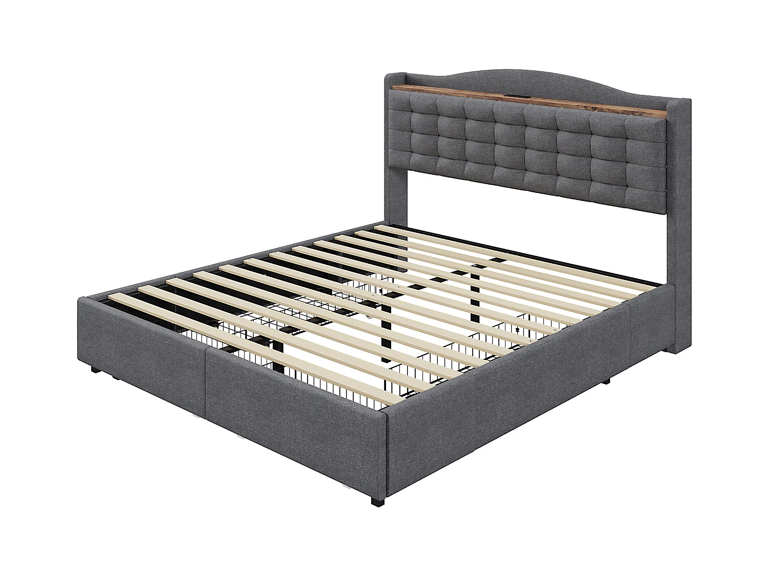 Lit adulte 160x200 cm - Cadre de lit avec chargement USB et 4 tiroirs - lin gris - sans matelas