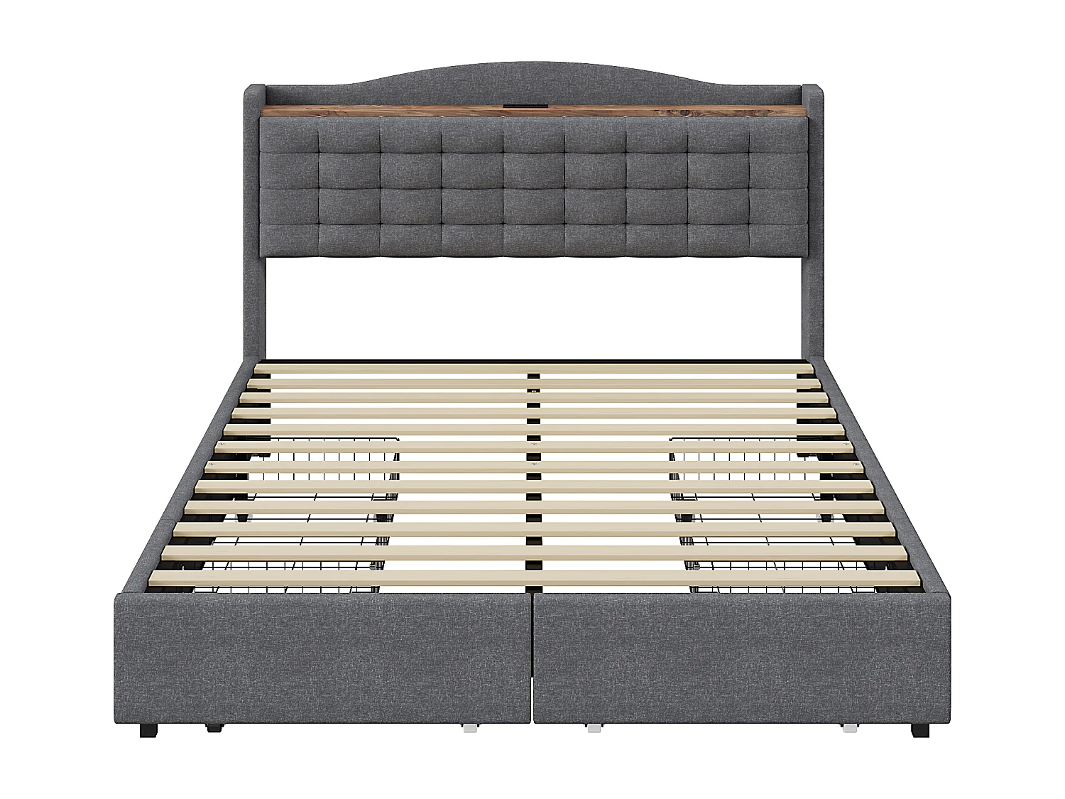 Lit adulte 160x200 cm - Cadre de lit avec chargement USB et 4 tiroirs - lin gris - sans matelas