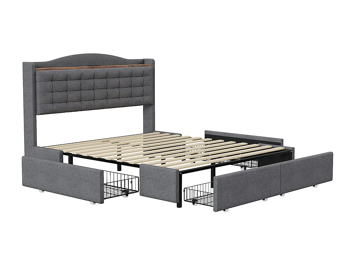 Lit adulte 160x200 cm - Cadre de lit avec chargement USB et 4 tiroirs - lin gris - sans matelas