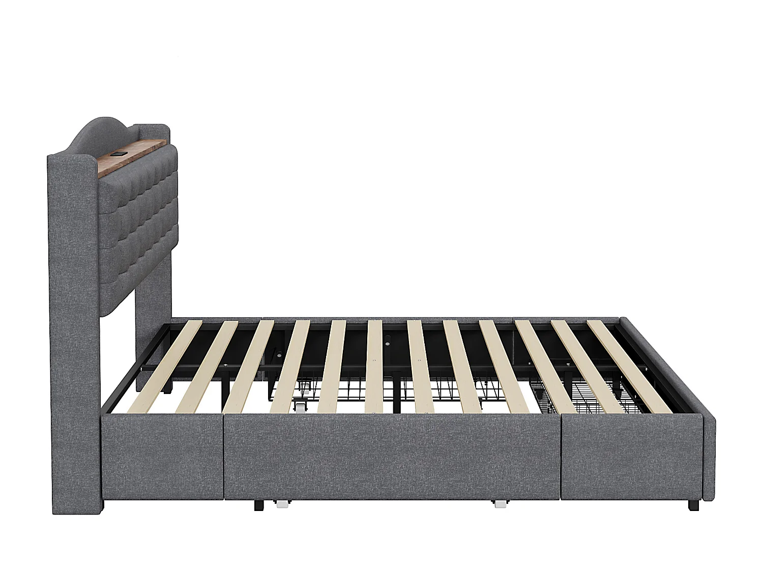 Lit adulte 160x200 cm - Cadre de lit avec chargement USB et 4 tiroirs - lin gris - sans matelas