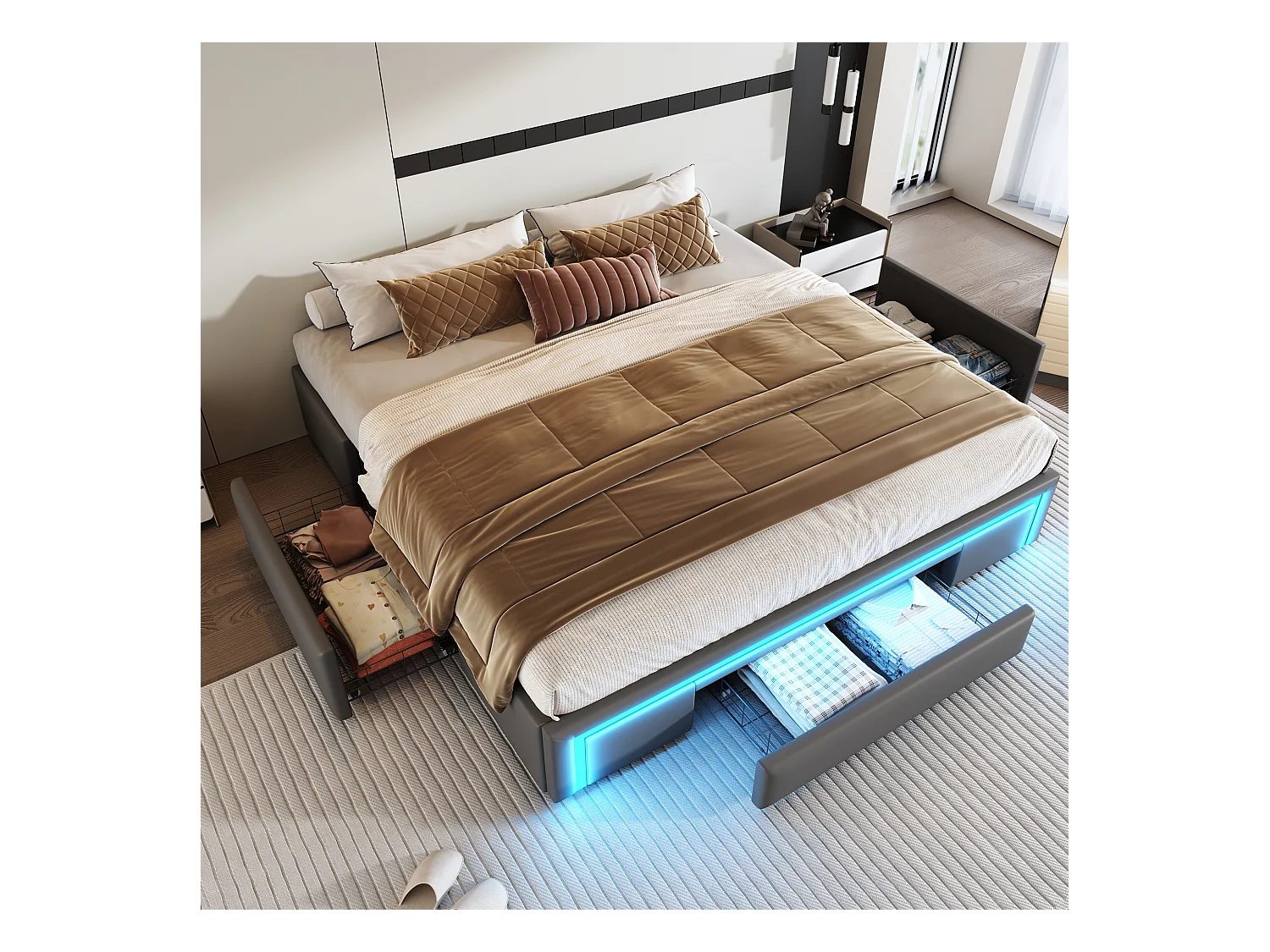 Cama de adulto 180 x 200 cm - Cama de casal com iluminação LED e 3 gavetas - Cinza - Sem colchão