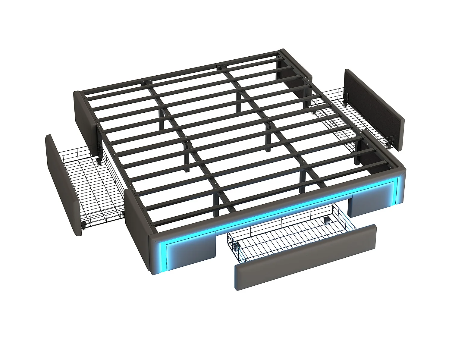 Cama de adulto 180 x 200 cm - Cama de casal com iluminação LED e 3 gavetas - Cinza - Sem colchão