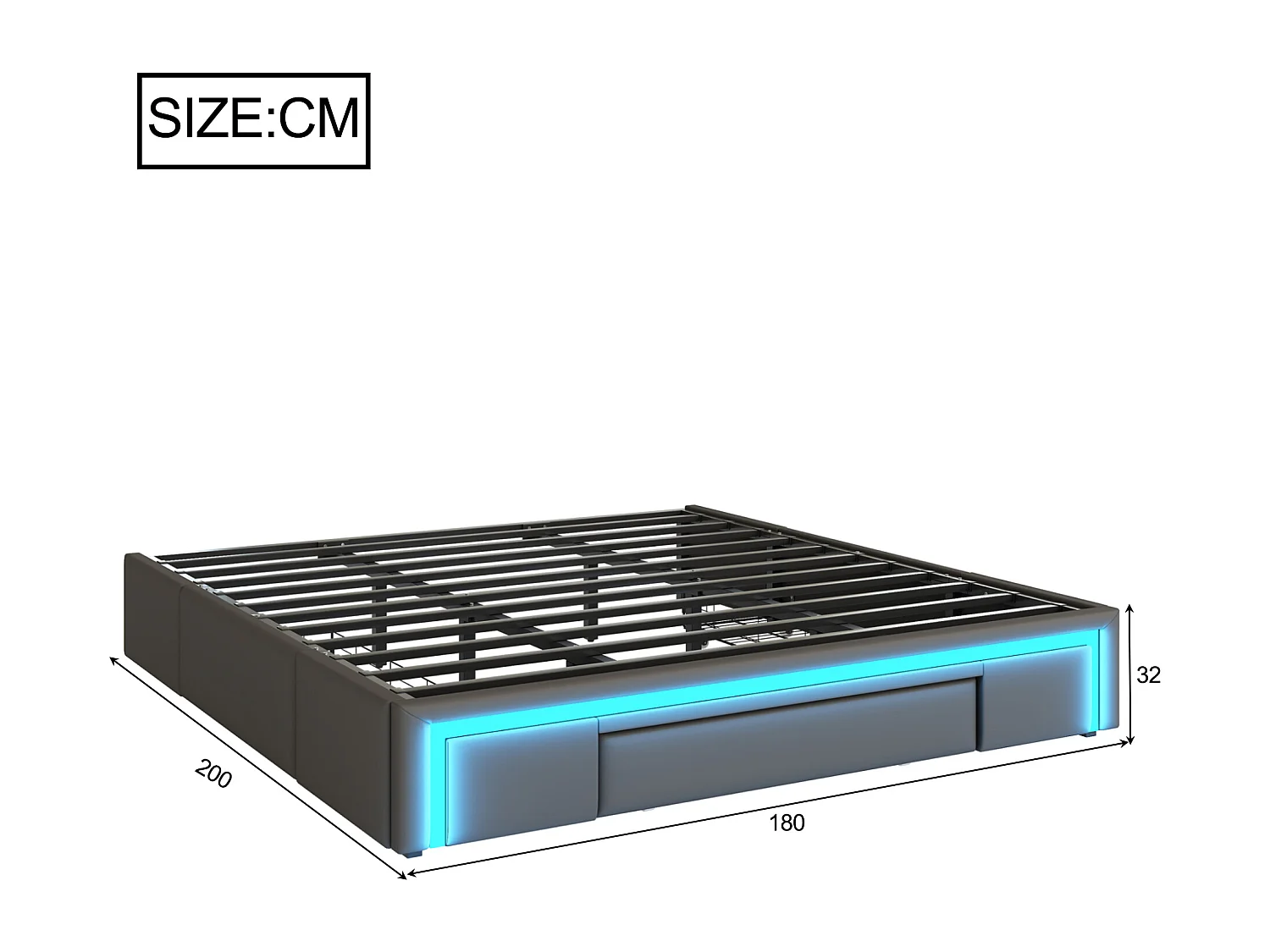 Cama adulto 180X200 cm - Estructura de cama con iluminación LED y 3 cajones - gris - sin colchón