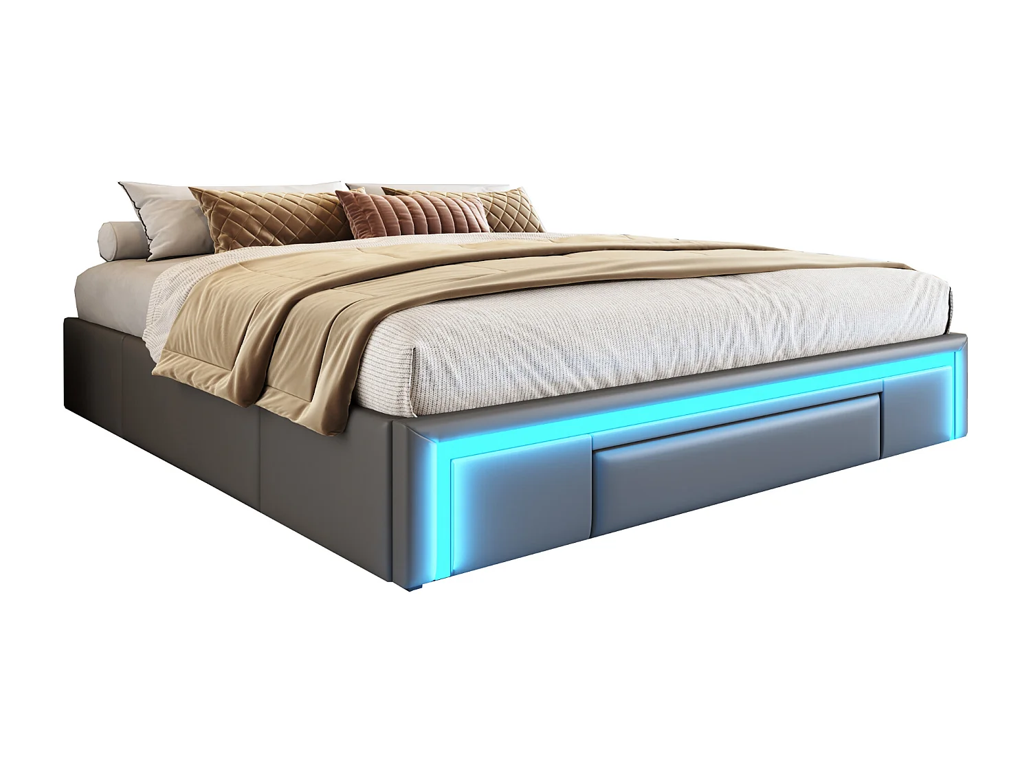 Cama adulto 180X200 cm - Estructura de cama con iluminación LED y 3 cajones - gris - sin colchón