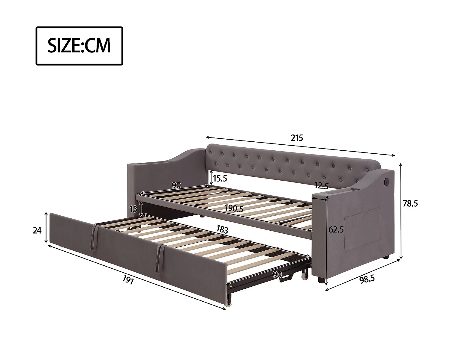Volwassen bed 90/180x190 cm - Tweepersoonsbed met USB-oplaadmogelijkheid en opbergvak - opbergruimte geïntegreerd in de armleuningen - grijs fluweel