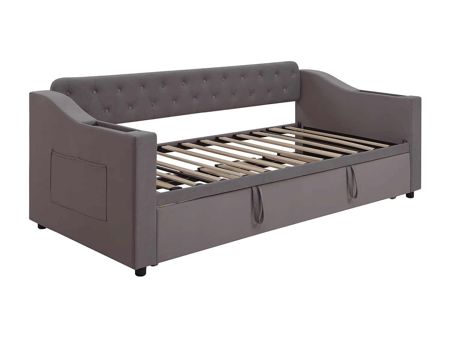 Volwassen bed 90/180x190 cm - Tweepersoonsbed met USB-oplaadmogelijkheid en opbergvak - opbergruimte geïntegreerd in de armleuningen - grijs fluweel