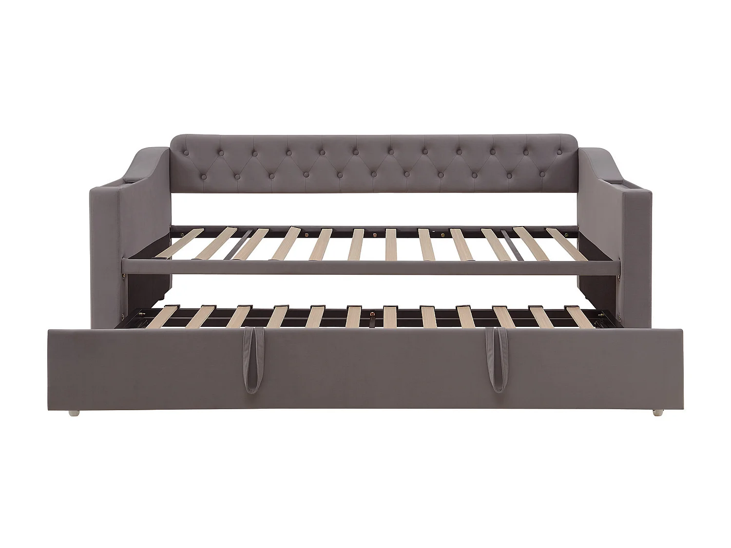 Volwassen bed 90/180x190 cm - Tweepersoonsbed met USB-oplaadmogelijkheid en opbergvak - opbergruimte geïntegreerd in de armleuningen - grijs fluweel