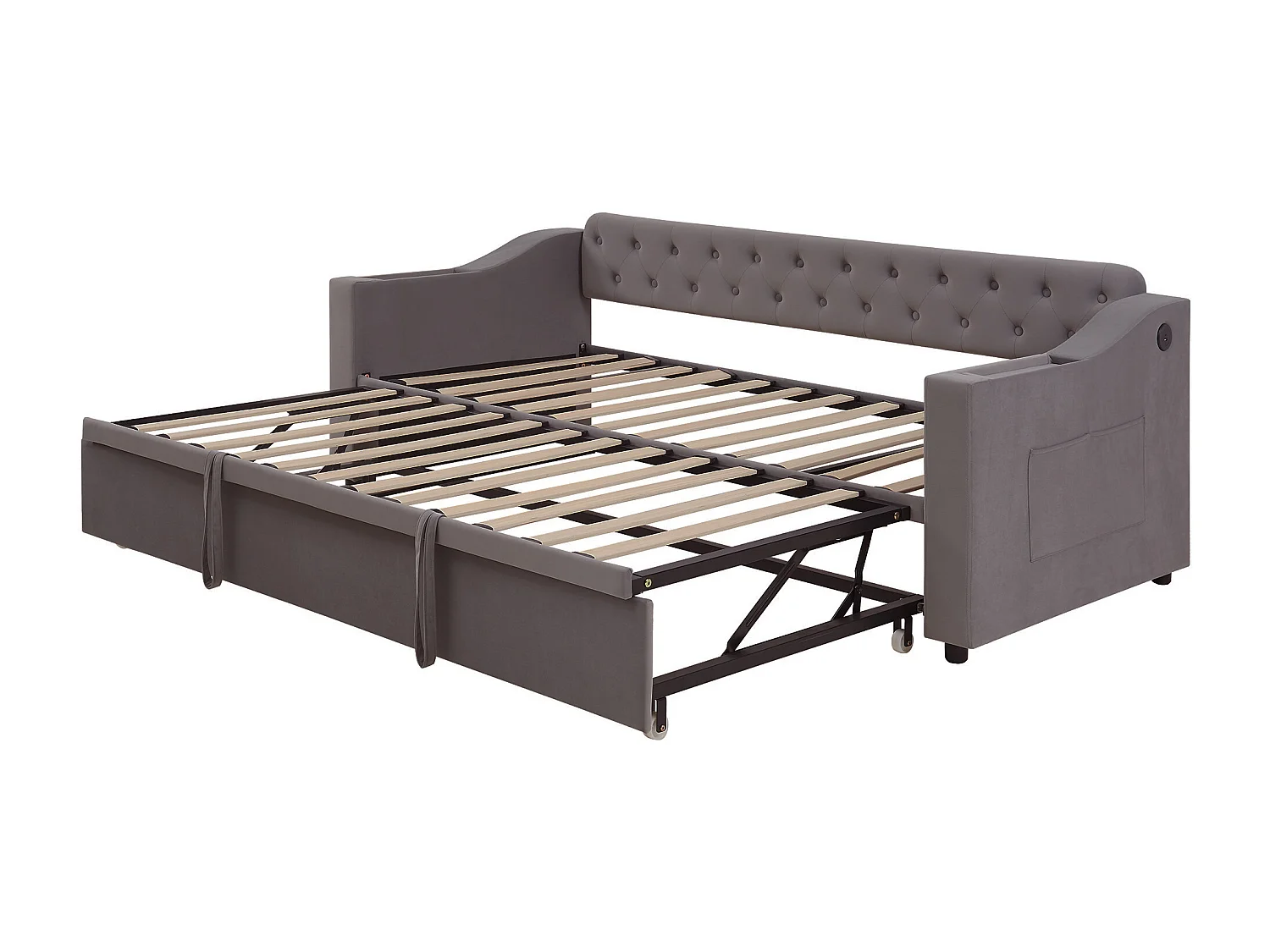 Volwassen bed 90/180x190 cm - Tweepersoonsbed met USB-oplaadmogelijkheid en opbergvak - opbergruimte geïntegreerd in de armleuningen - grijs fluweel