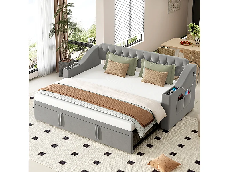 Lit adulte 90/180x190 cm - Cadre de lit avec chargement USB et poche de rangement - rangements intégrés dans les accoudoirs - velours gris clair