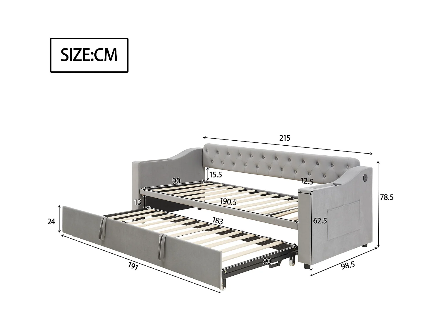 Erwachsenenbett 90/180x190 cm - Bettrahmen mit USB-Ladefunktion und Aufbewahrungstasche - stauraum in den armlehnen integriert - hellgrauer samt