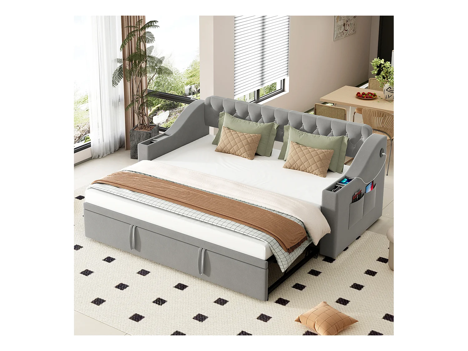 Lit adulte 90/180x190 cm - Cadre de lit avec chargement USB et poche de rangement - rangements intégrés dans les accoudoirs - velours gris clair