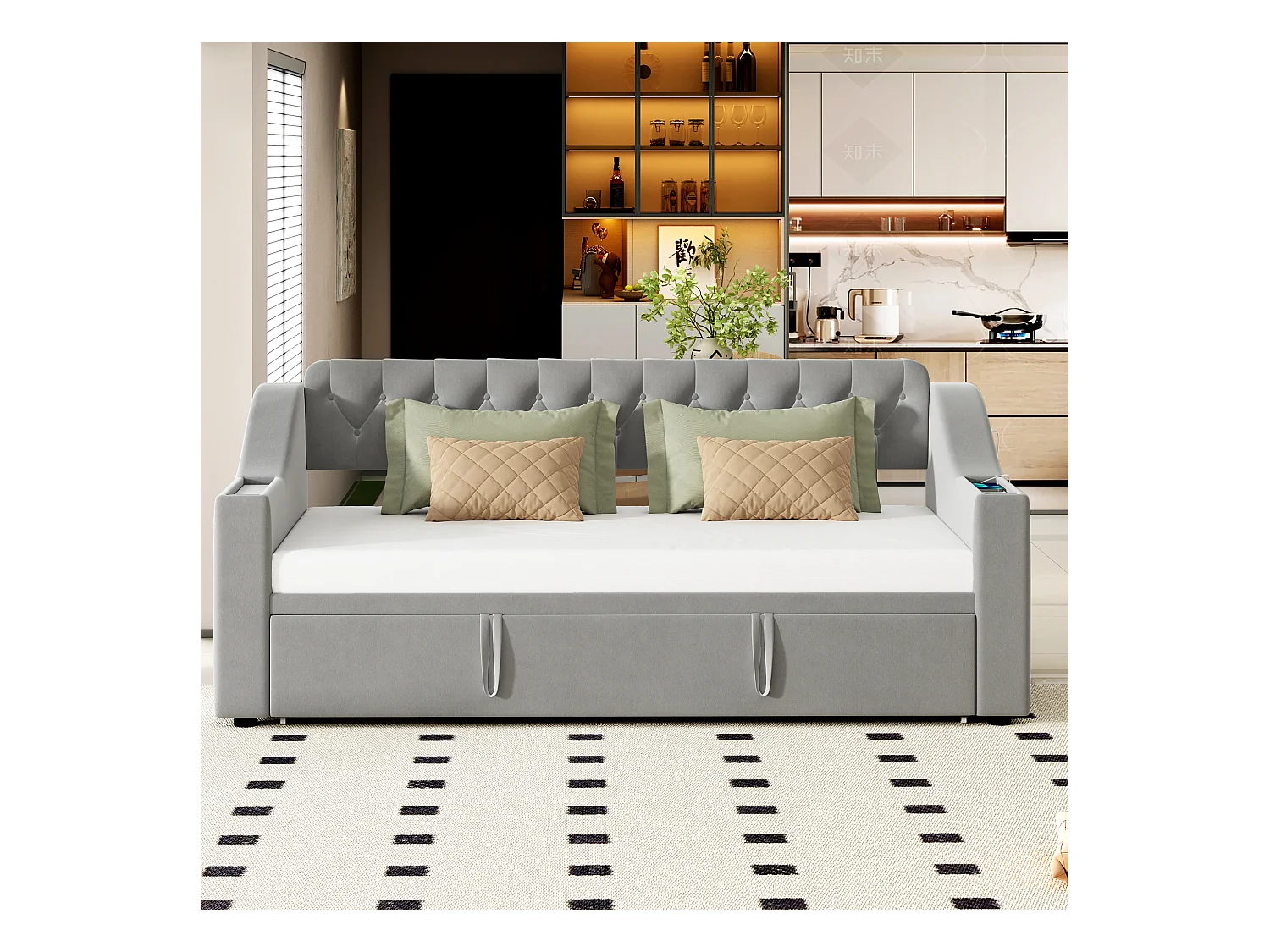 Lit adulte 90/180x190 cm - Cadre de lit avec chargement USB et poche de rangement - rangements intégrés dans les accoudoirs - velours gris clair