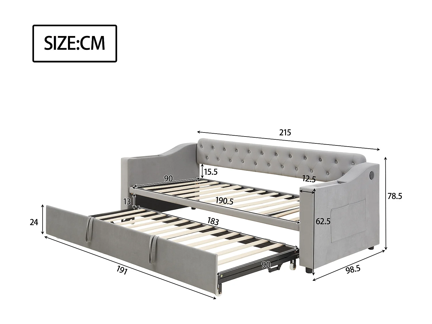 Lit adulte 90/180x190 cm - Cadre de lit avec chargement USB et poche de rangement - rangements intégrés dans les accoudoirs - velours gris clair