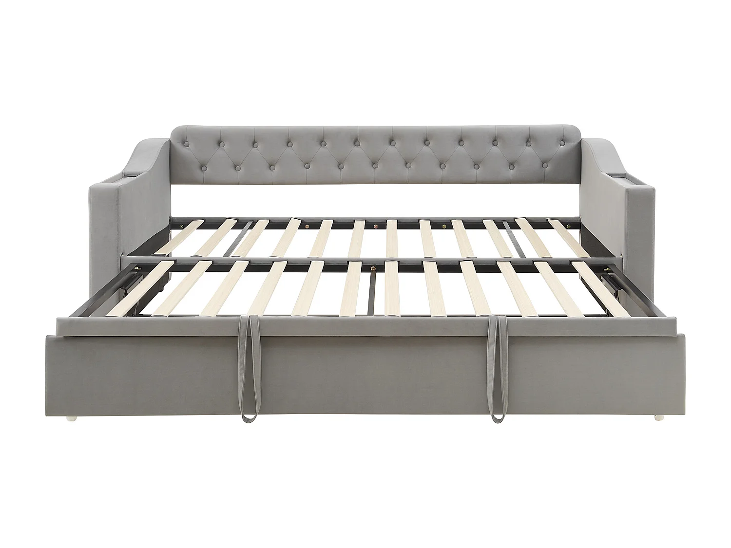 Lit adulte 90/180x190 cm - Cadre de lit avec chargement USB et poche de rangement - rangements intégrés dans les accoudoirs - velours gris clair