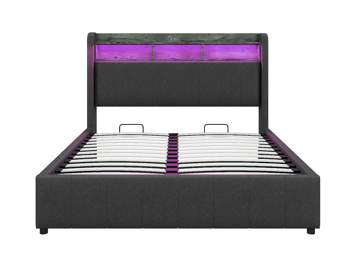 Cama canapé 160x200cm - Cama adulto con iluminación LED y carga USB - cabecero con baldas y almacenaje - lino gris