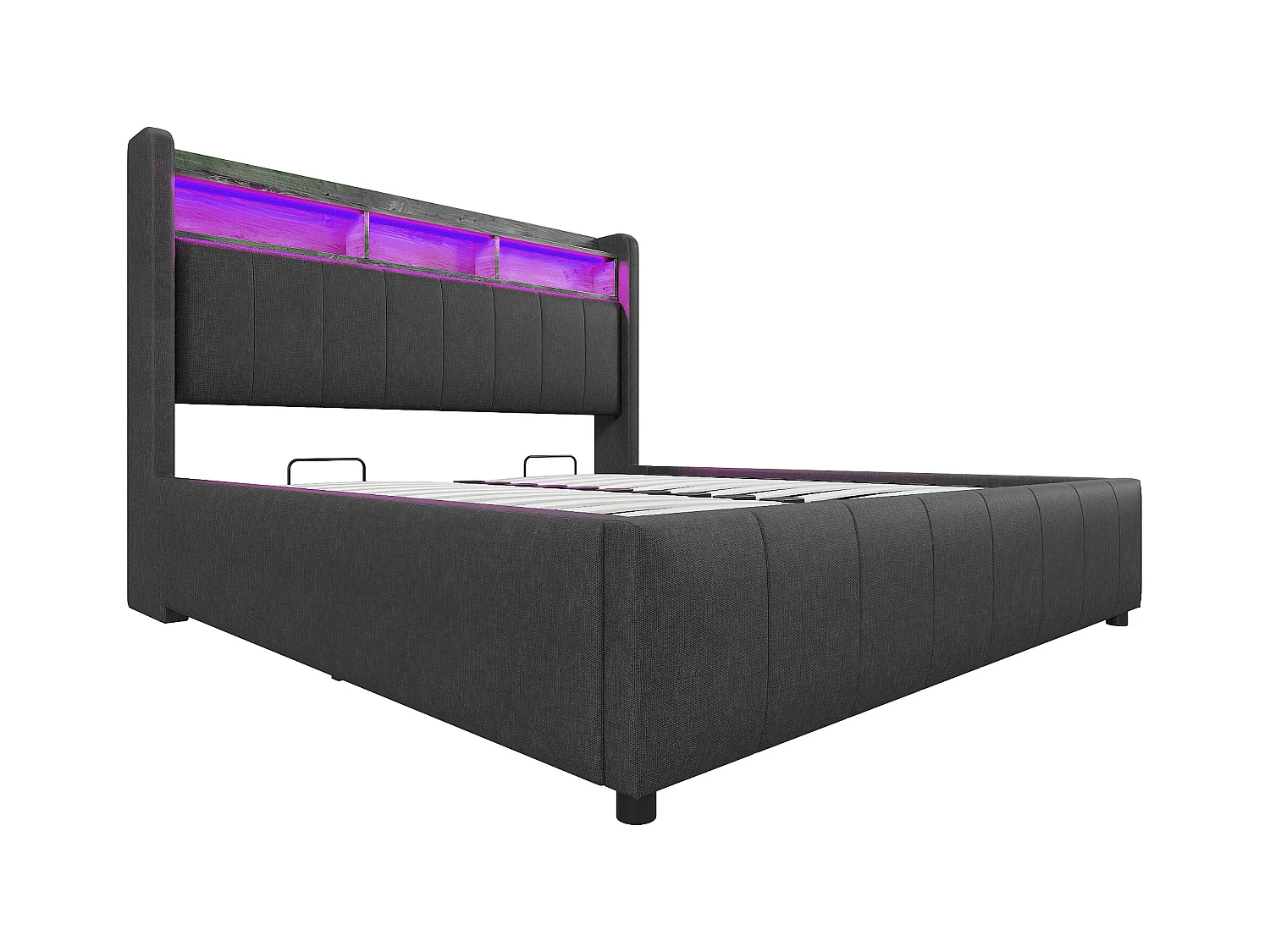 Cama canapé 160x200cm - Cama adulto con iluminación LED y carga USB - cabecero con baldas y almacenaje - lino gris