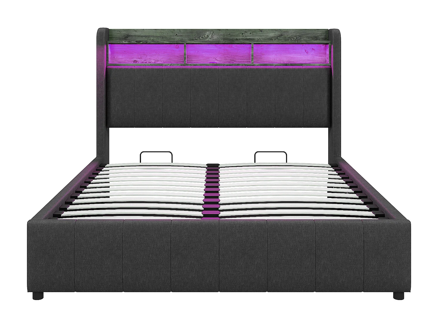 Lit coffre 160x200cm - Lit adulte avec éclairage LED et recharge USB - tête de lit avec étagères et rangements - lin gris
