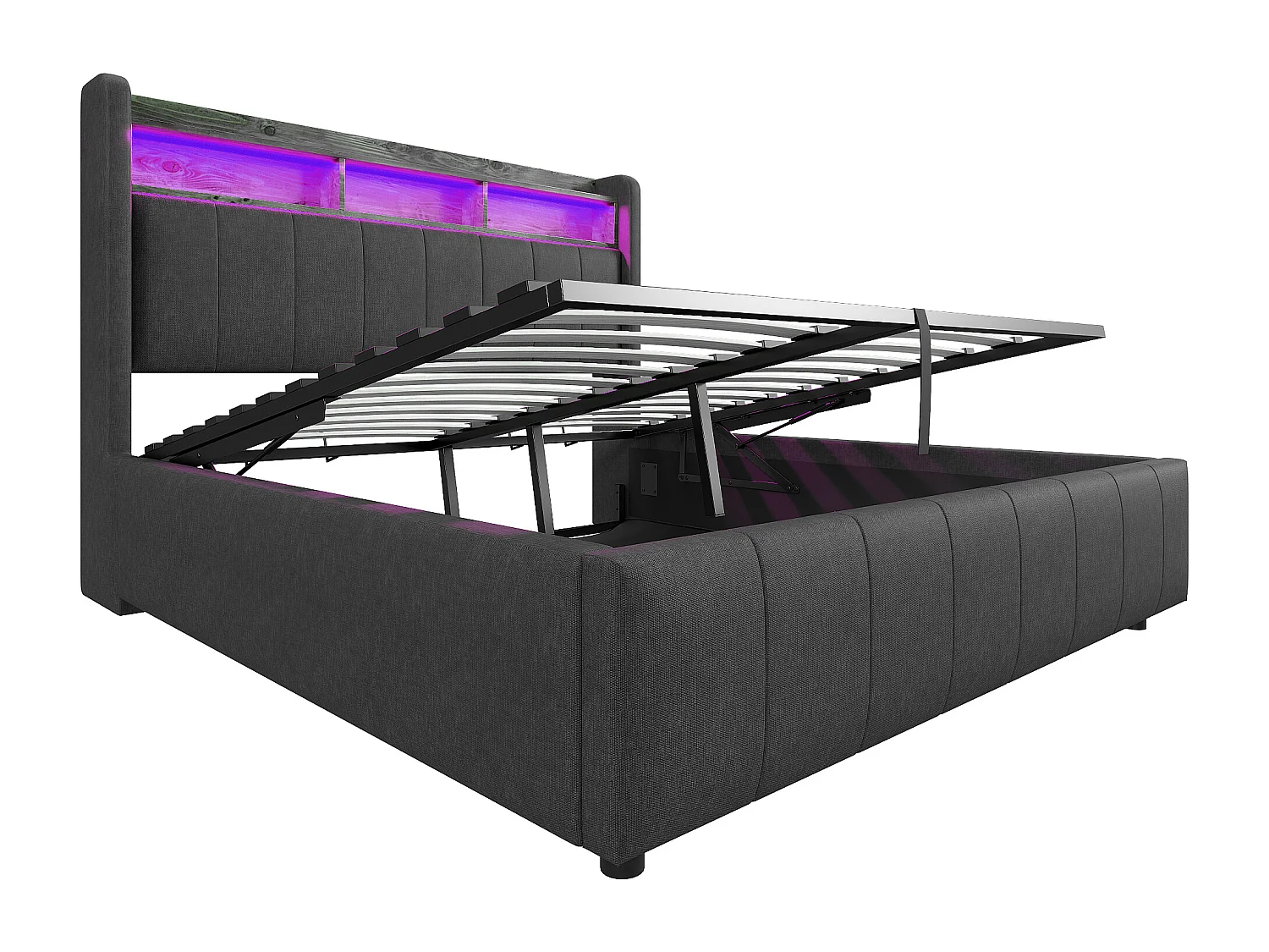 Lit coffre 160x200cm - Lit adulte avec éclairage LED et recharge USB - tête de lit avec étagères et rangements - lin gris