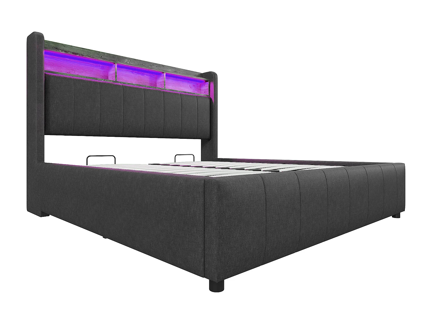 Lit coffre 160x200cm - Lit adulte avec éclairage LED et recharge USB - tête de lit avec étagères et rangements - lin gris