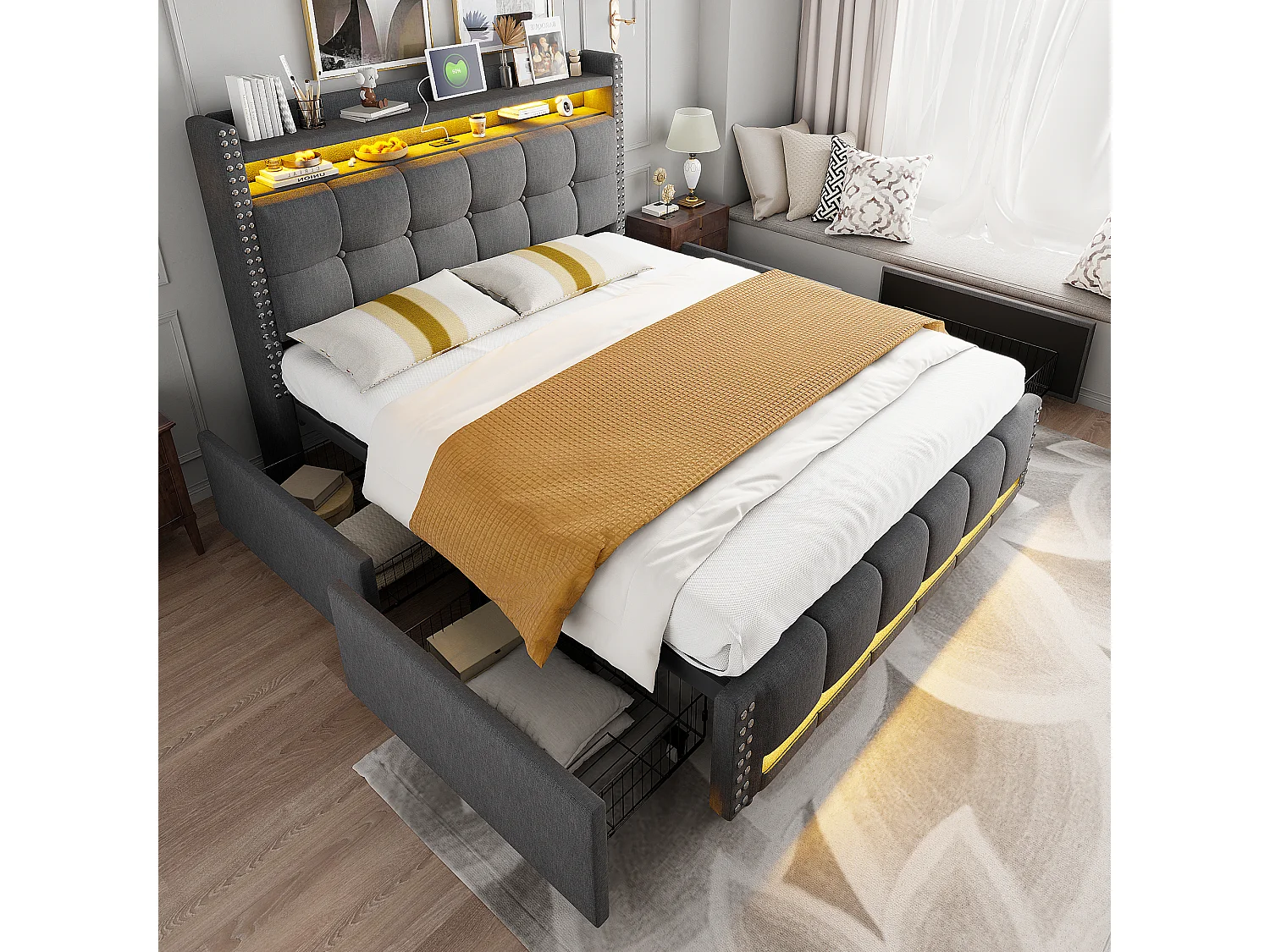 Cama para adulto 160 x 200 cm - Estructura de cama con 4 cajones e iluminación LED - mesilla de noche con puerto USB y almacenaje - lino gris
