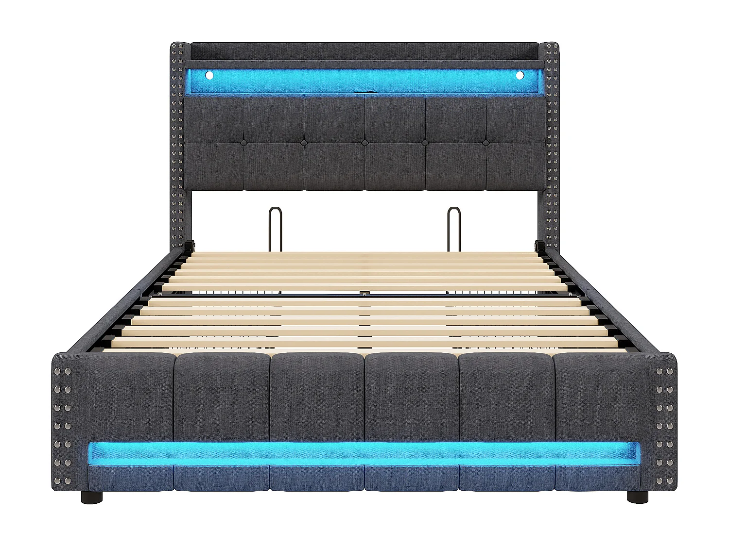 Cama para adulto 160 x 200 cm - Estructura de cama con 4 cajones e iluminación LED - mesilla de noche con puerto USB y almacenaje - lino gris