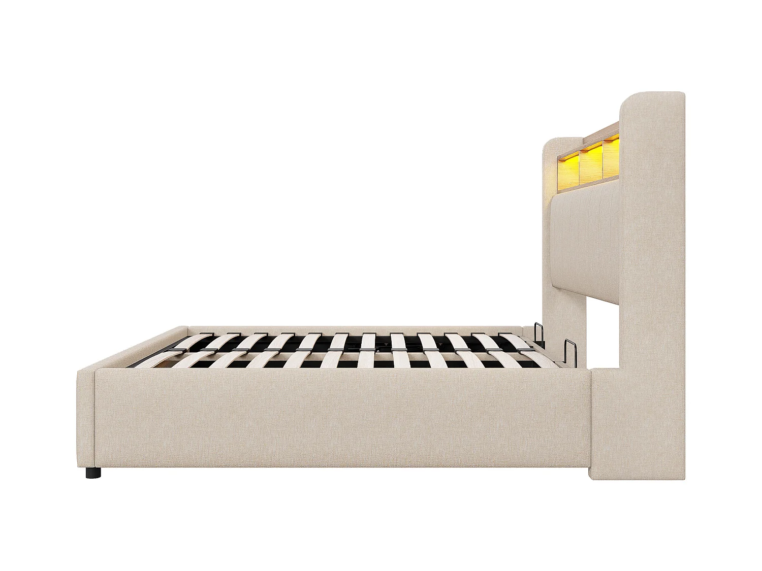 140 x 200 cm Bett mit Stauraum – Erwachsenenbett mit LED-Beleuchtung und USB-Ladefunktion – kopfteil mit regalen und stauraum – beige Leinen