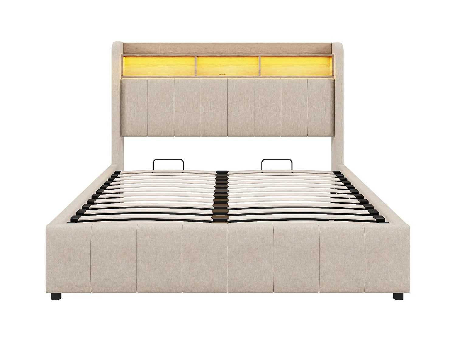 140 x 200 cm Bett mit Stauraum – Erwachsenenbett mit LED-Beleuchtung und USB-Ladefunktion – kopfteil mit regalen und stauraum – beige Leinen